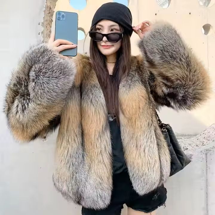 Red Fox multi color Luxury Ladies Fur Coat Medium Length