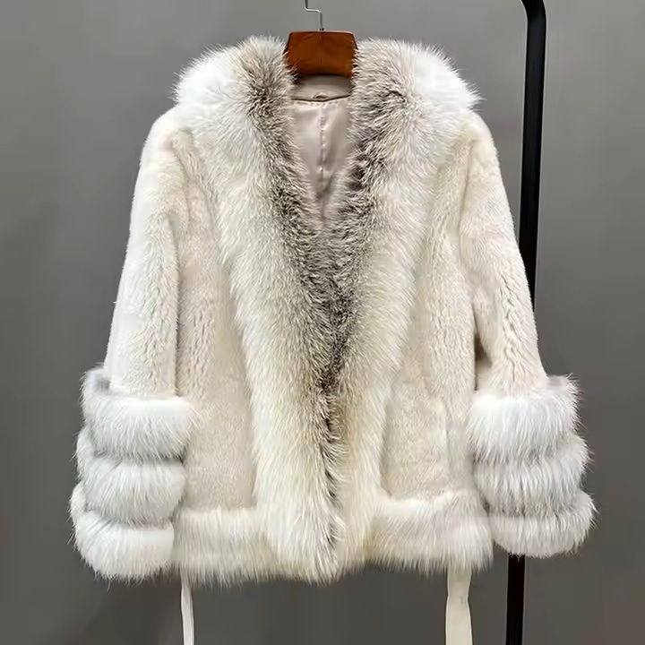 Mink Coat White with Cross Fox Fur Collar Cuffs Mink Coat White with Cross Fox Fur Collar Cuffs