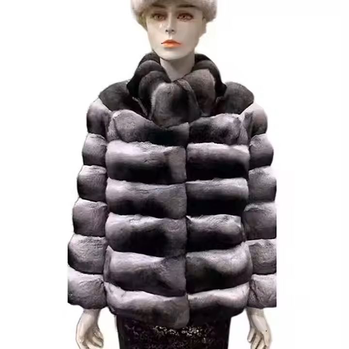 Genuine Chinchilla Fur Coat Horizontal Style Jackets Stripes with Stand-up Collar