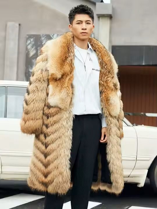 Mens Long Full Raccoon Fur Coat