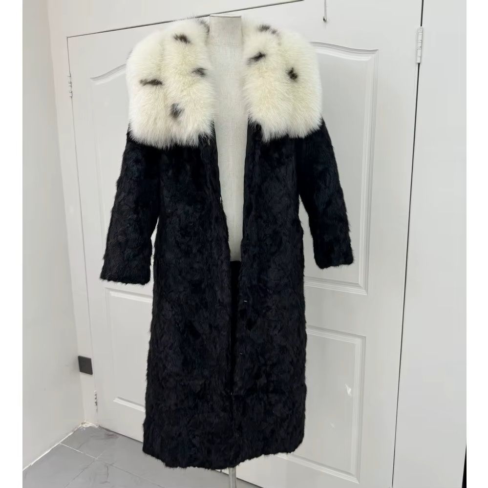 Mink Fur Coat long with White Spotted Fox Collar