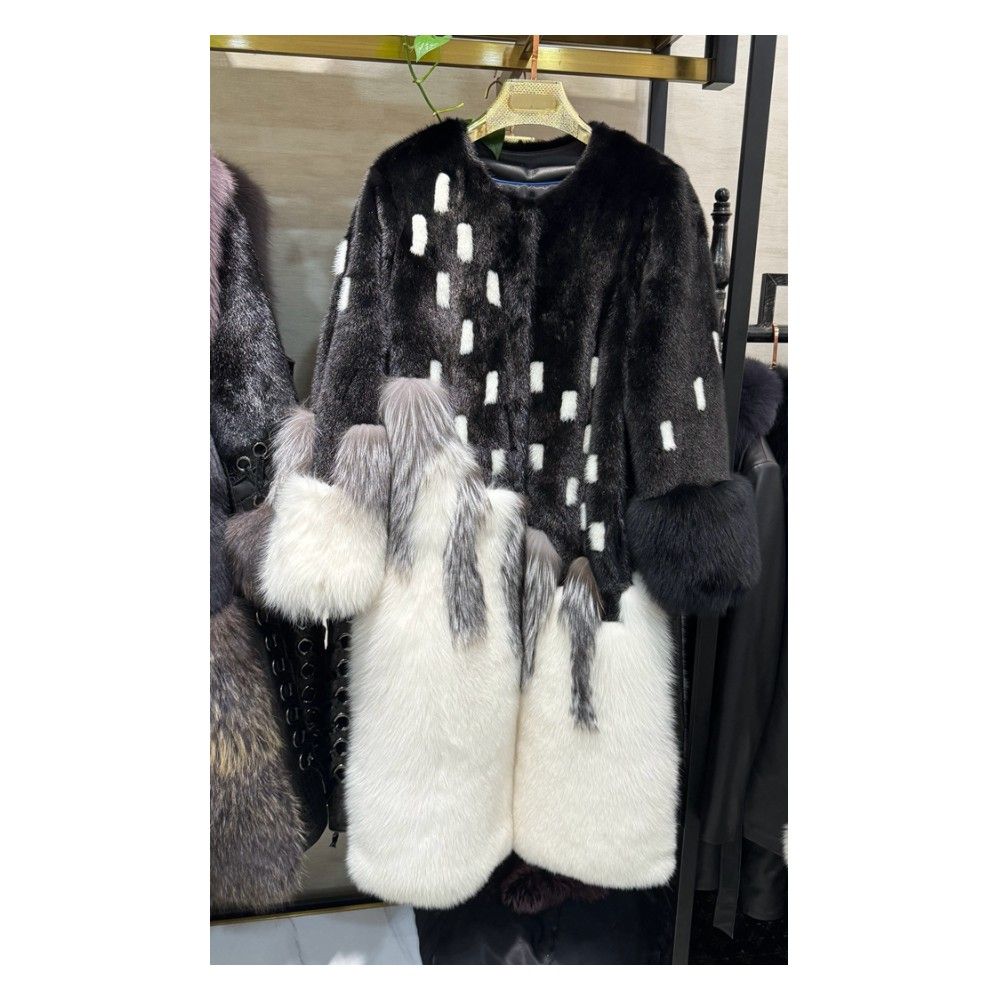 Female Snow Leisure Wear Long Lady Women&#39;s Mink Fur Coat With Fox Fur Trim