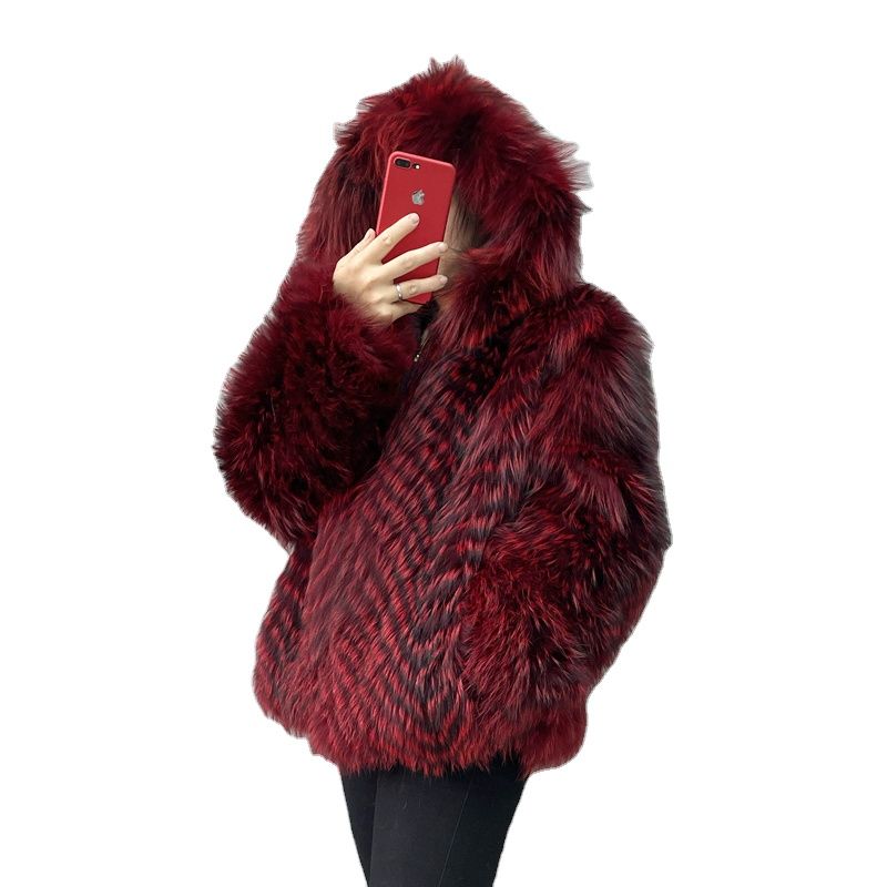 Rose Madder Fox Fur Jacket Hooded