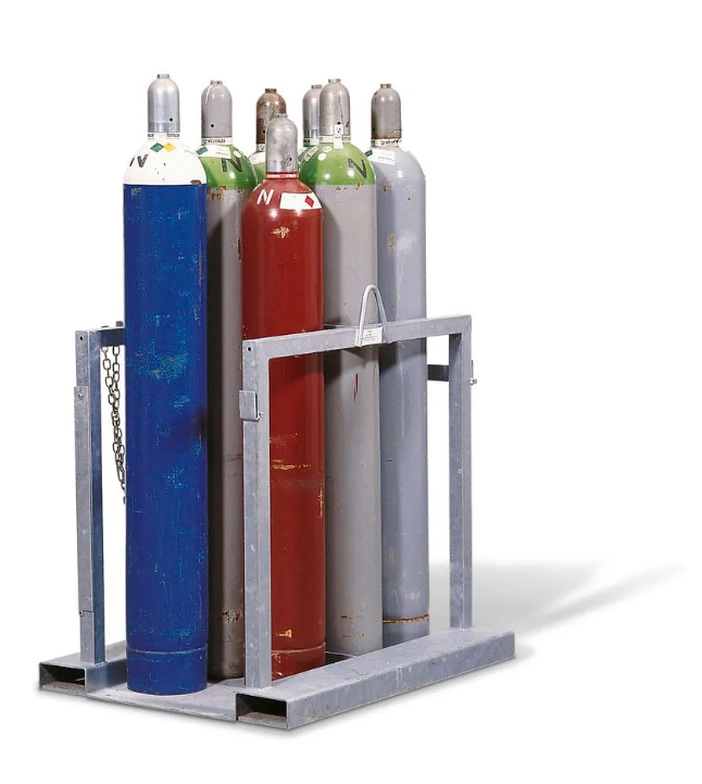 Steel gas cylinder pallet, for 8 gas cylinders with max. Ø: 230 mm, with protective bracket Steel gas cylinder pallet, for 8 gas cylinders with max. Ø: 230 mm, with protective bracket