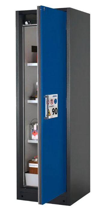 asecos fire-rated hazardous materials cabinet Select W-63R, 3 shelves, door blue (right)