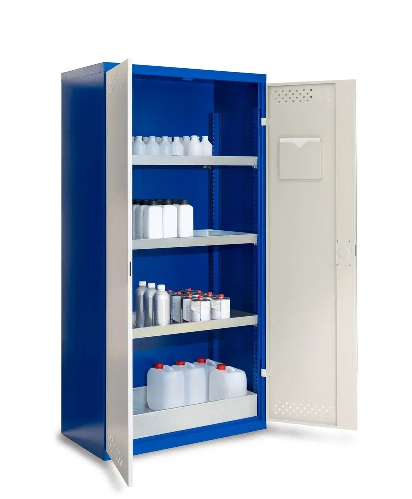 Hazmat locker Protect CS 104, with wing doors, sump and 3 spill trays