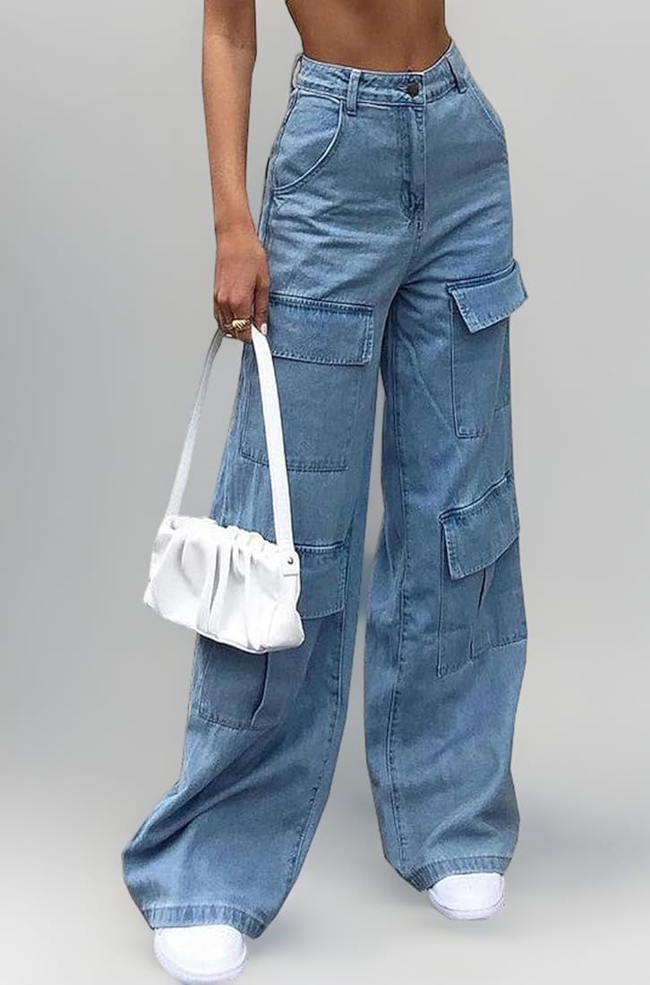 Women&#39;s High Waist Baggy Jeans Flap Pocket Relaxed Fit Straight Wide Leg Y2K Fashion Cargo Jeans, Blue, Small