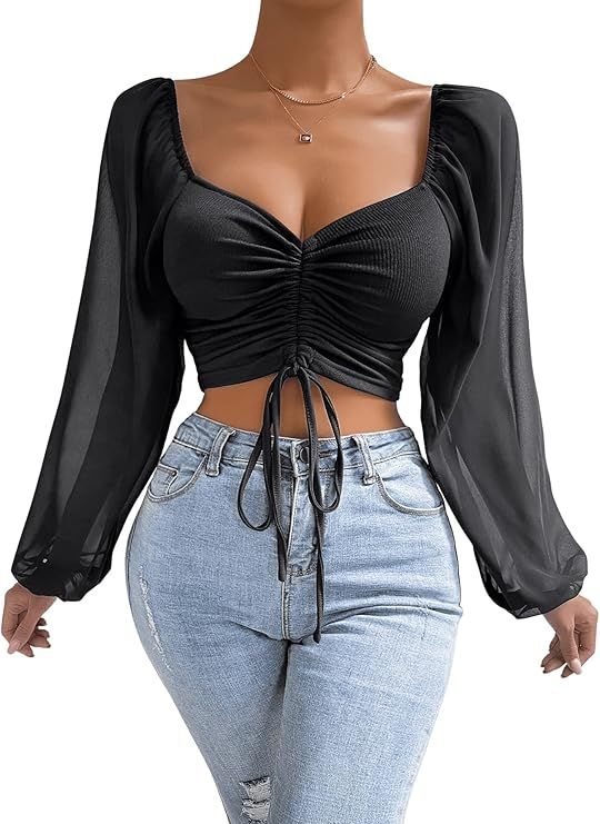 Women&#39;s Belly Free Top Sheer Sleeve Crop Top Long Sleeve Shirt Heart Neckline Drawstring Tops