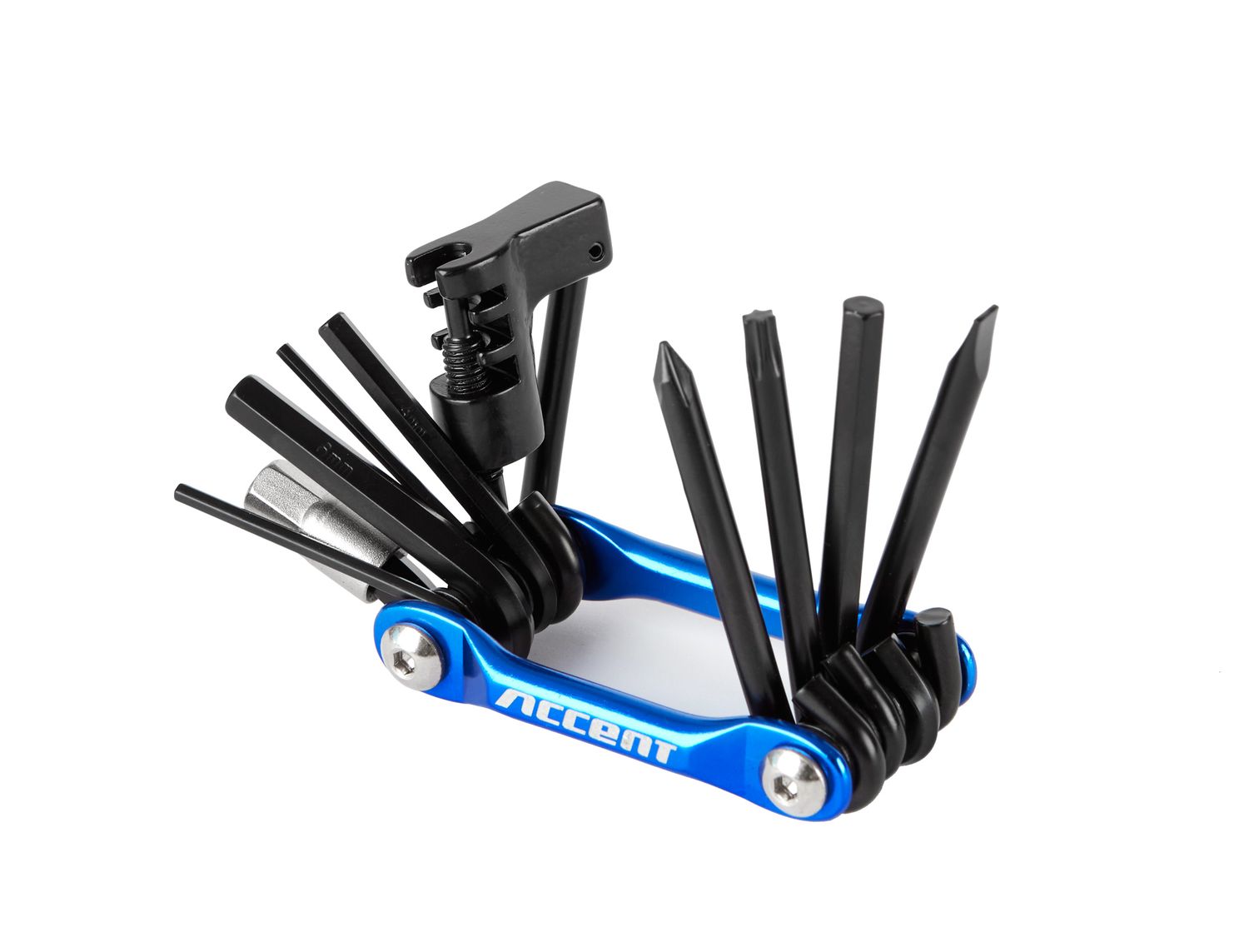 Zestaw kluczy Multitool Accent Zaffiro-11 11 funkcji; aluminiowy, niebiesko-czarny (inbusy, skuwacz do łańcucha)