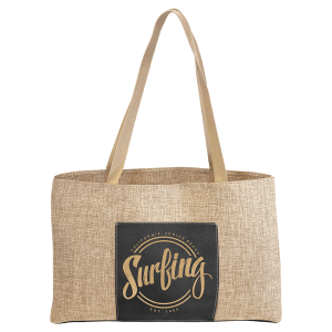 19&quot; x 12&quot; Burlap Bag with 5&quot; Black/Gold Leatherette Gusset