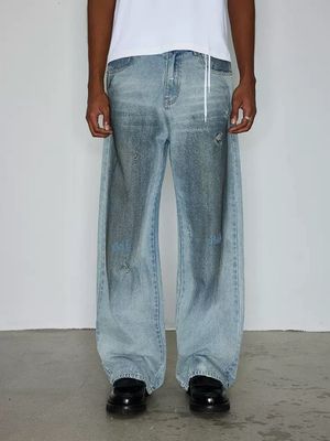 Cricle Cage Washed Denim Loose Pants