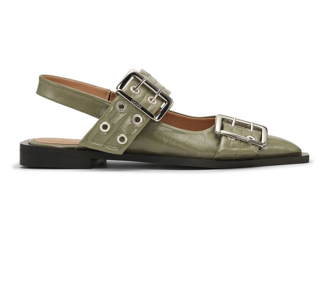 Ganni Green Feminine Buckle Ballerinas