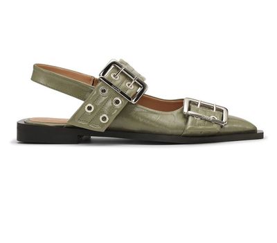 Ganni Green Feminine Buckle Ballerinas