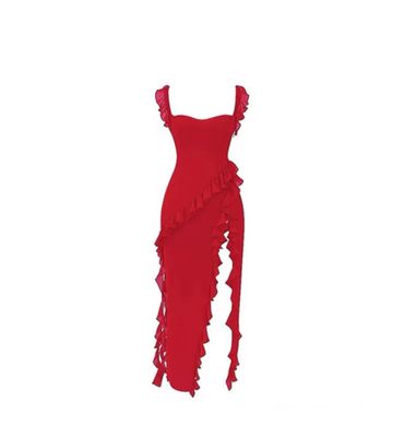 Red Suspender Ruffled Dress