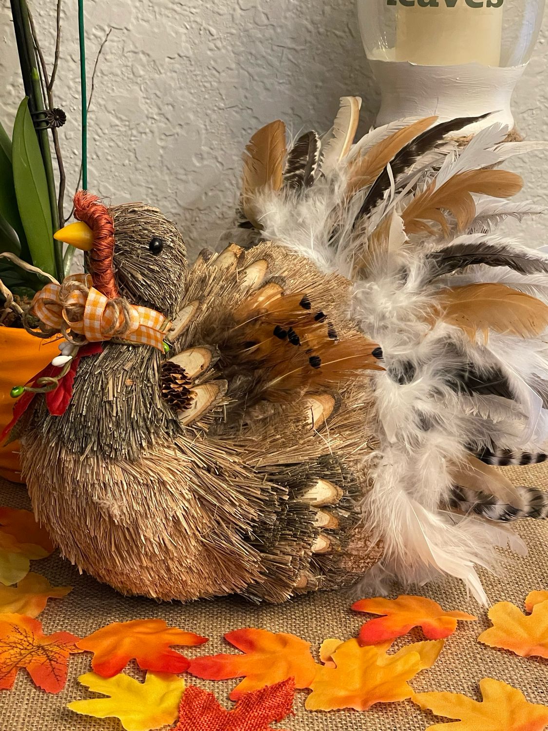 Handmade Feathered Turkey Decoration - Rustic Fall &amp; Thanksgiving Centerpiece Decor