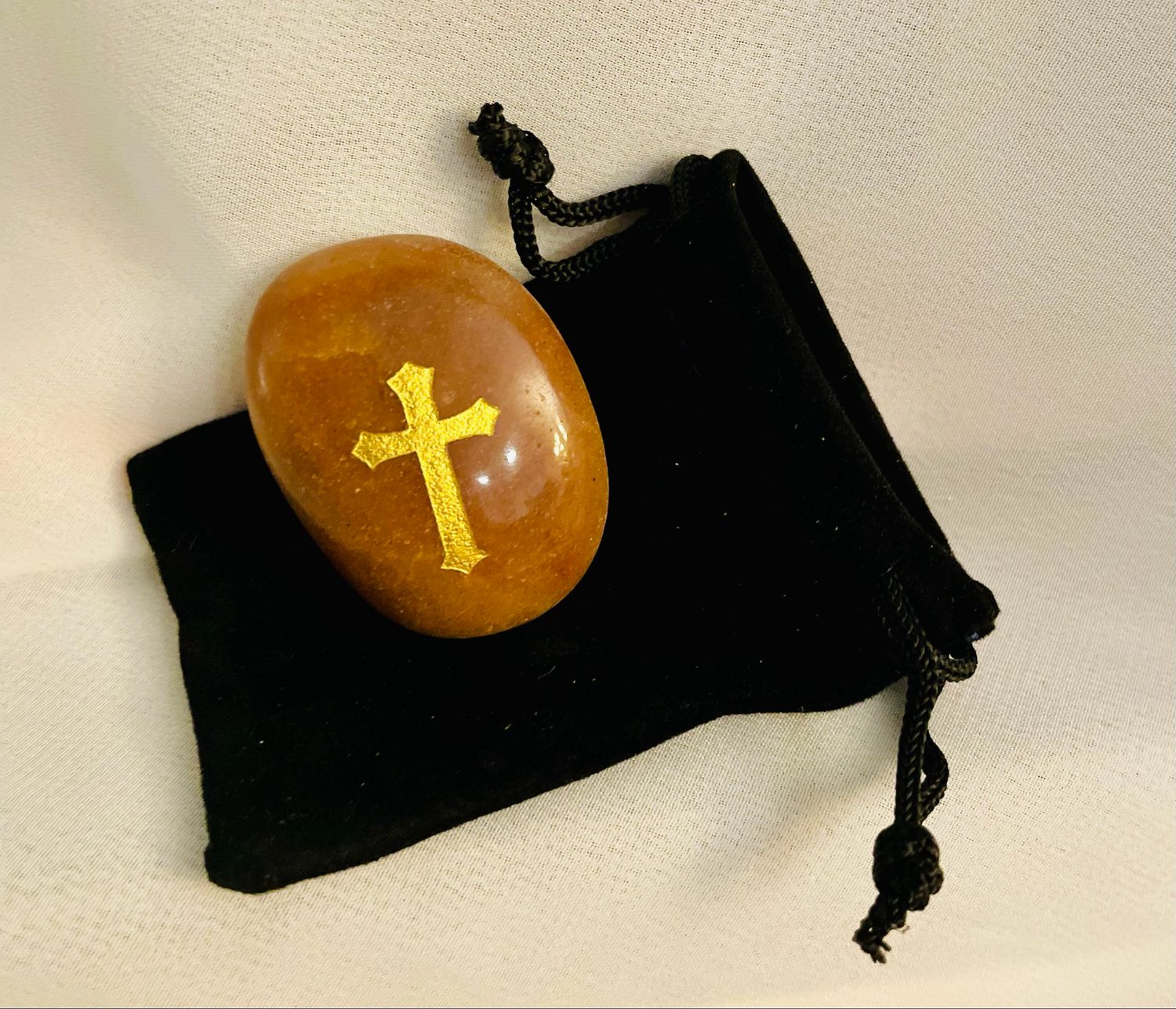 Gold Cross Prayer Stones with Velvet Pouches