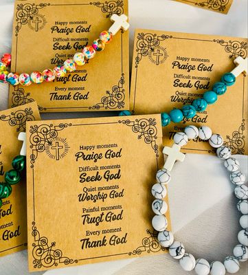 Christian Stone Cross Bead Bracelet with Inspirational Card BOGO Buy One Get One Half Off