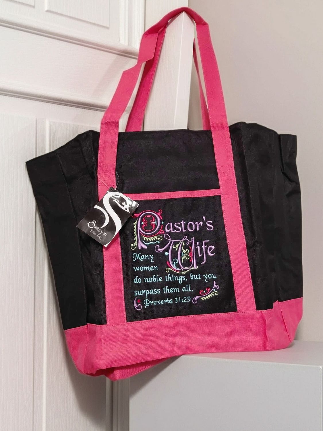 Pastor&#39;s Wife&quot; Canvas Tote Bag – Proverbs 31:29 – Pink &amp; Black
