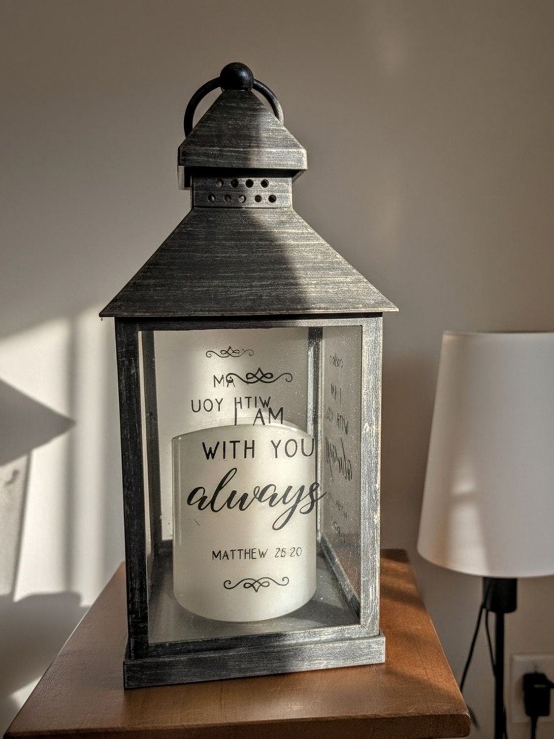 Scripture Lantern with LED Candle – &quot;I Am With You Always&quot; Matthew 28:20