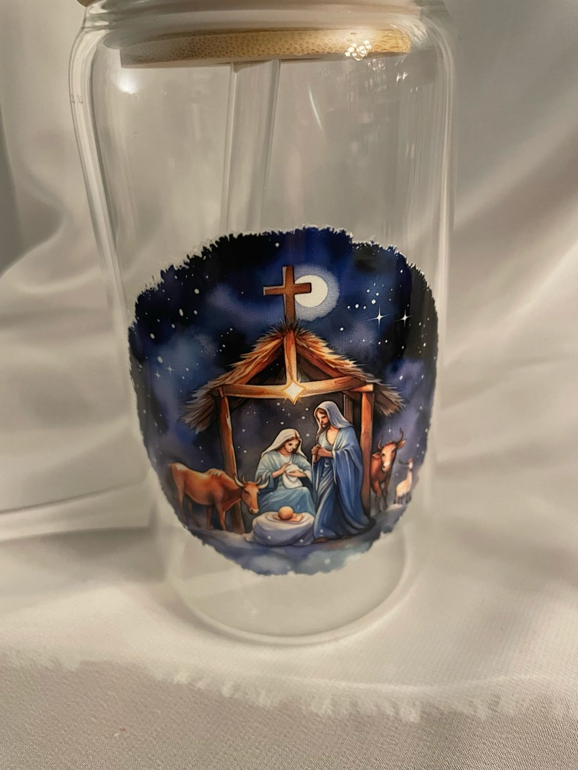 Nativity Scene Glass Tumbler with Bamboo Lid &amp; Straw – 16oz