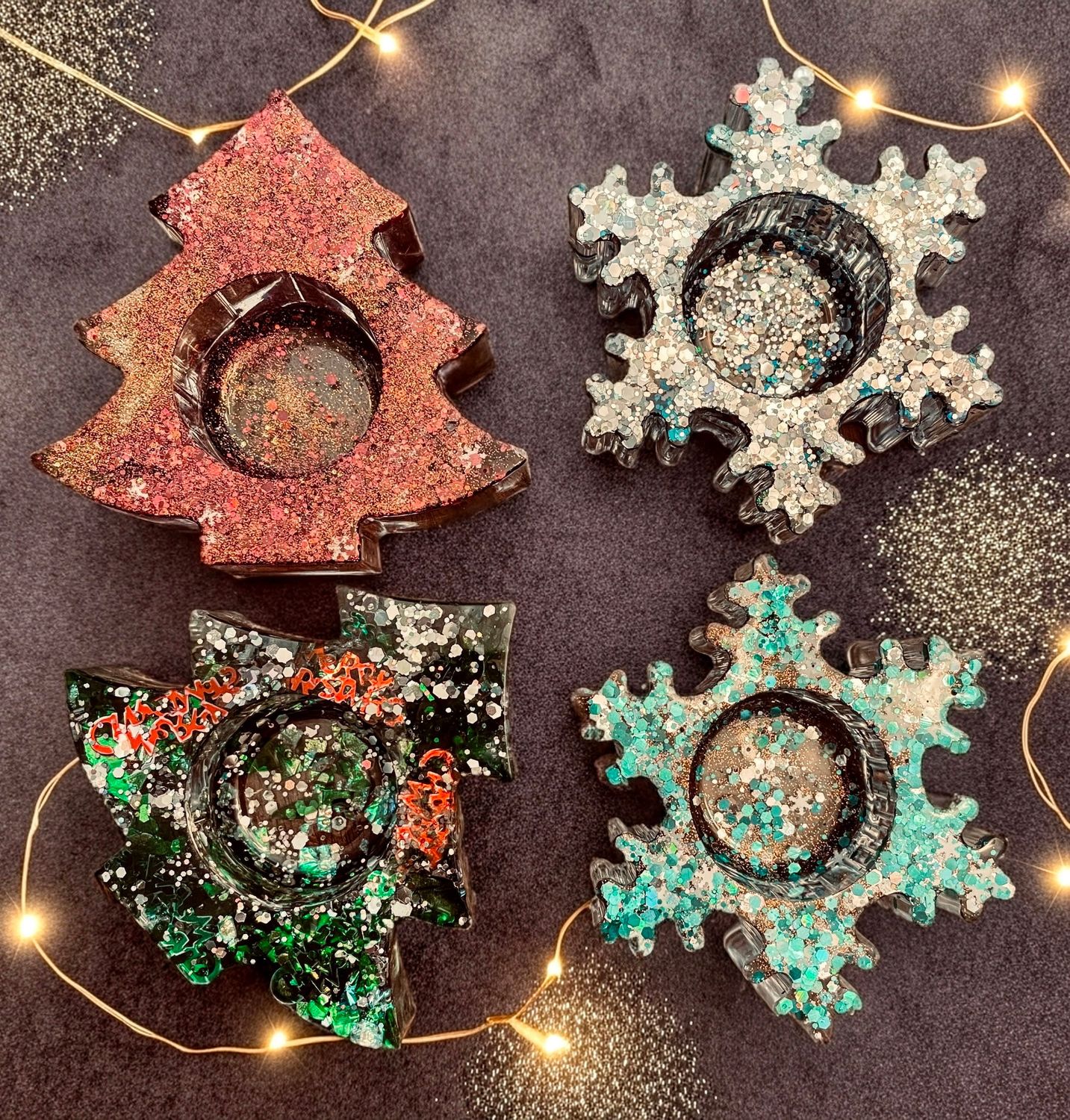Hand-Crafted Christmas Tree  or Snowflake Resin Tea Light Candle Holder w/Tealight ~BOGO -Buy One Get One FREE