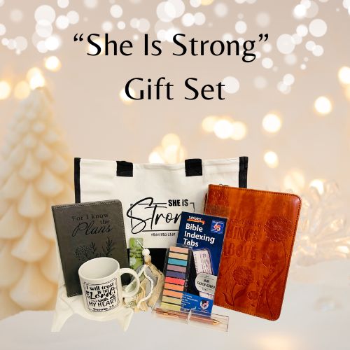 “She Is Strong” Bible Study Gift Set – Tote, Journal &amp; Bible Cover, Tabs, &quot;BOHO Handcrafted Bookmarker, &amp; Faith  Coffee Mug Bundle BOGO Buy One Get One Half OFF