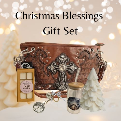 Christmas Blessings Gift Set – Cross Purse, Nativity Glass Tumbler, Artisan Tree Candle, Victoria&#39;s Secret &quot;Bombshell&quot; inspired &quot;Dark Storm&quot; Wax Melts, &amp; Family Keychain ~ BOGO (Buy One Get One Half)