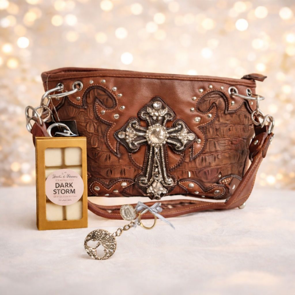 Christmas Blessings Gift Set – Cross Purse,  Victoria's Secret "Bombshell" inspired "Dark Storm" Wax Melts, &amp; Family Keychain ~
