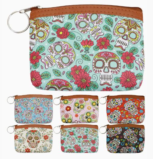 Sugar Skull Print Zipper Coin Pouch Bag