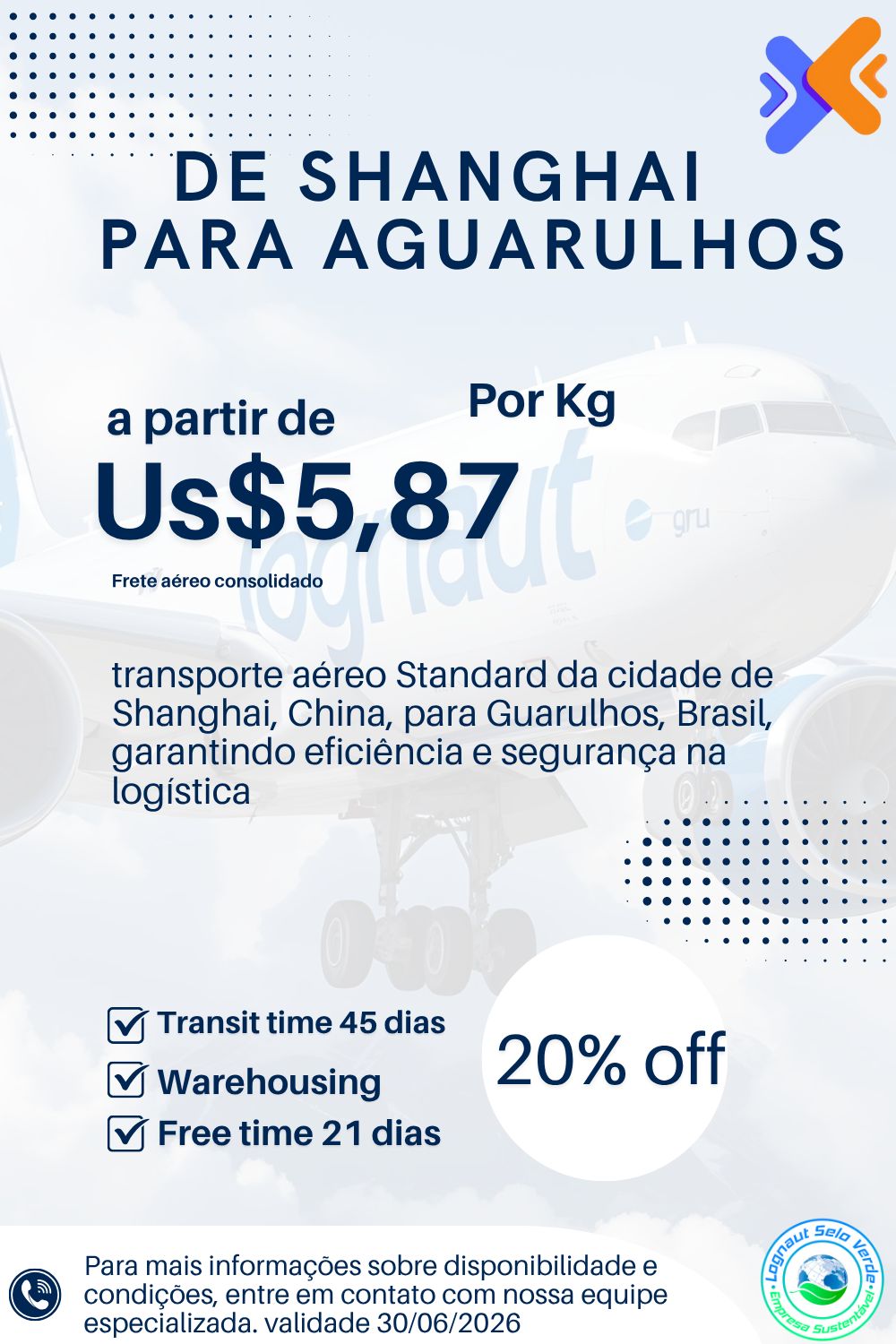 QuoteNow Service Tarifa Consolidada  China - PVG para GRU Carga +100kgs
