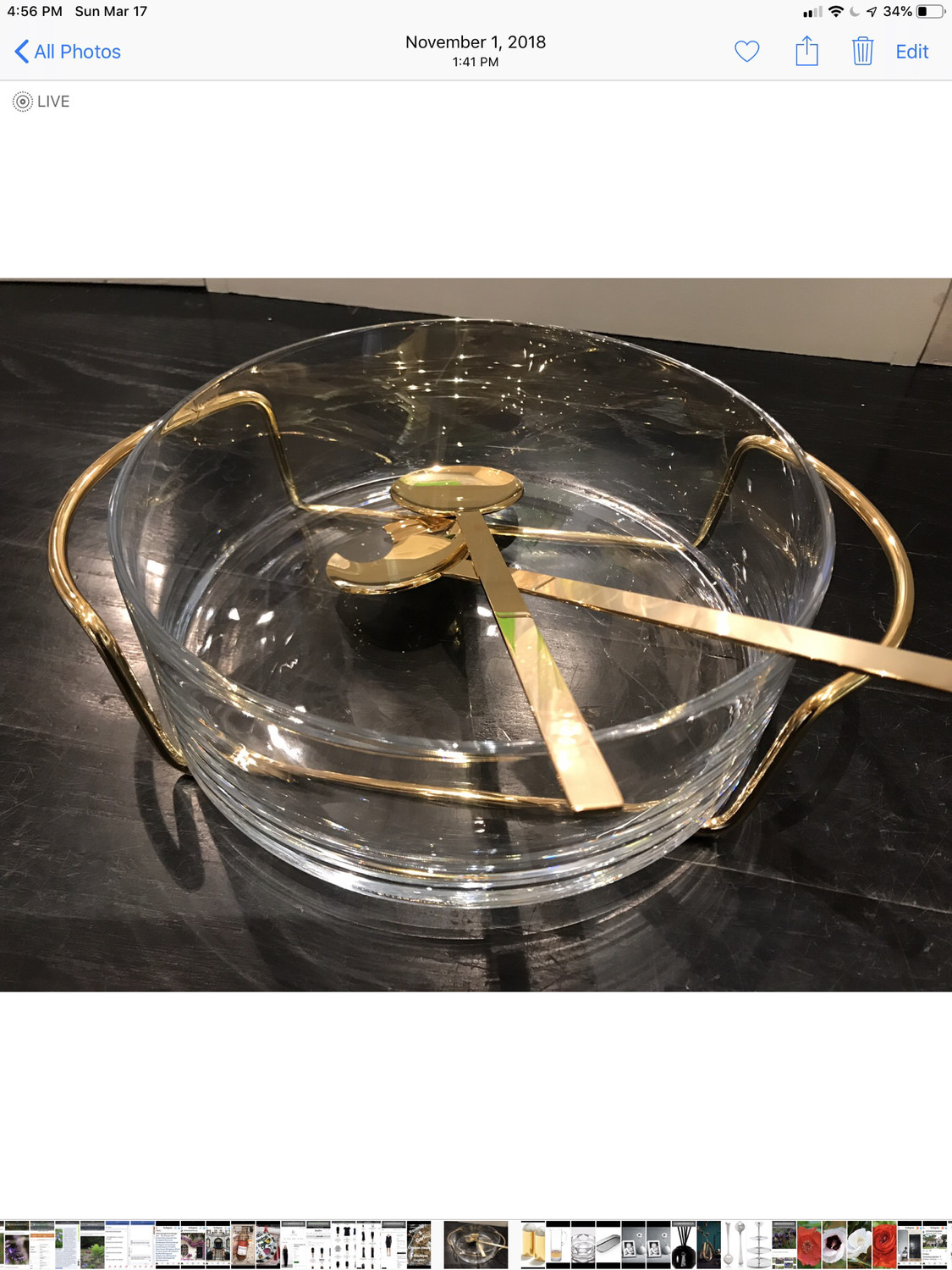 Gold And Glass Salad Bowl With Servers 