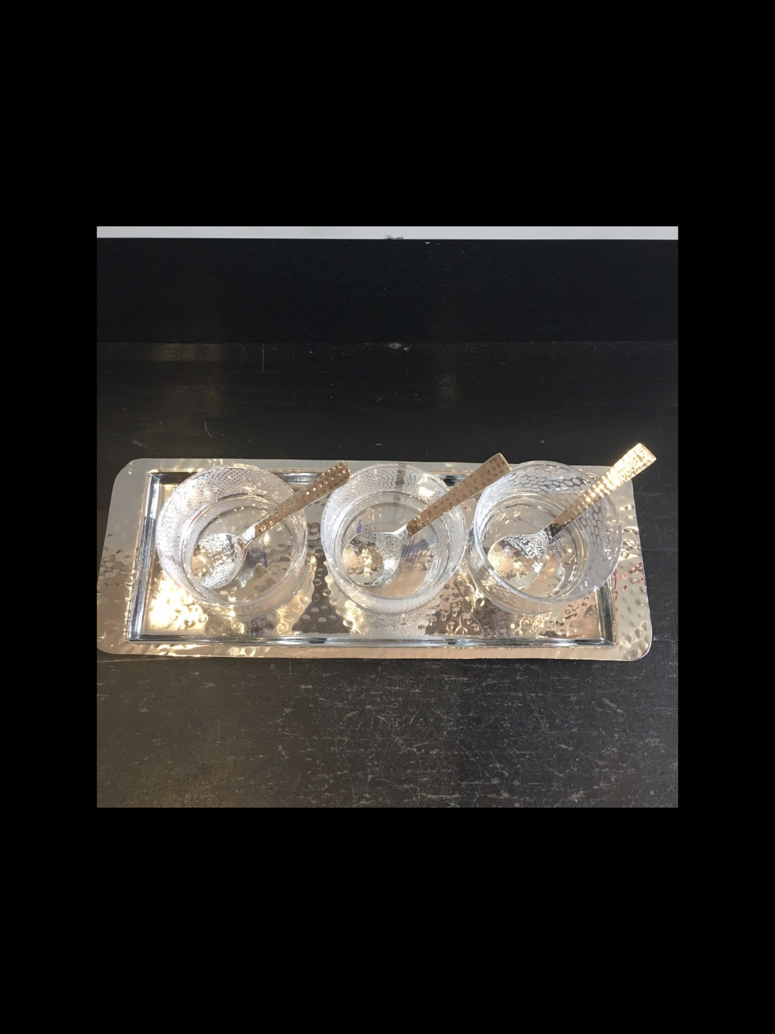 Egizia Glass Dip Bowls, Matching Silver Spoons With Tray..