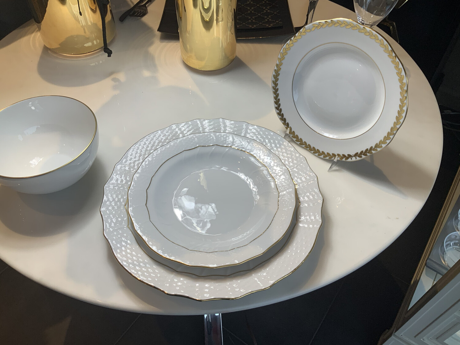 Herend Dinnerware- Golden Edge, Service, Dessert, And Round Soup And Golden Laurel Salad Plates Needs 14