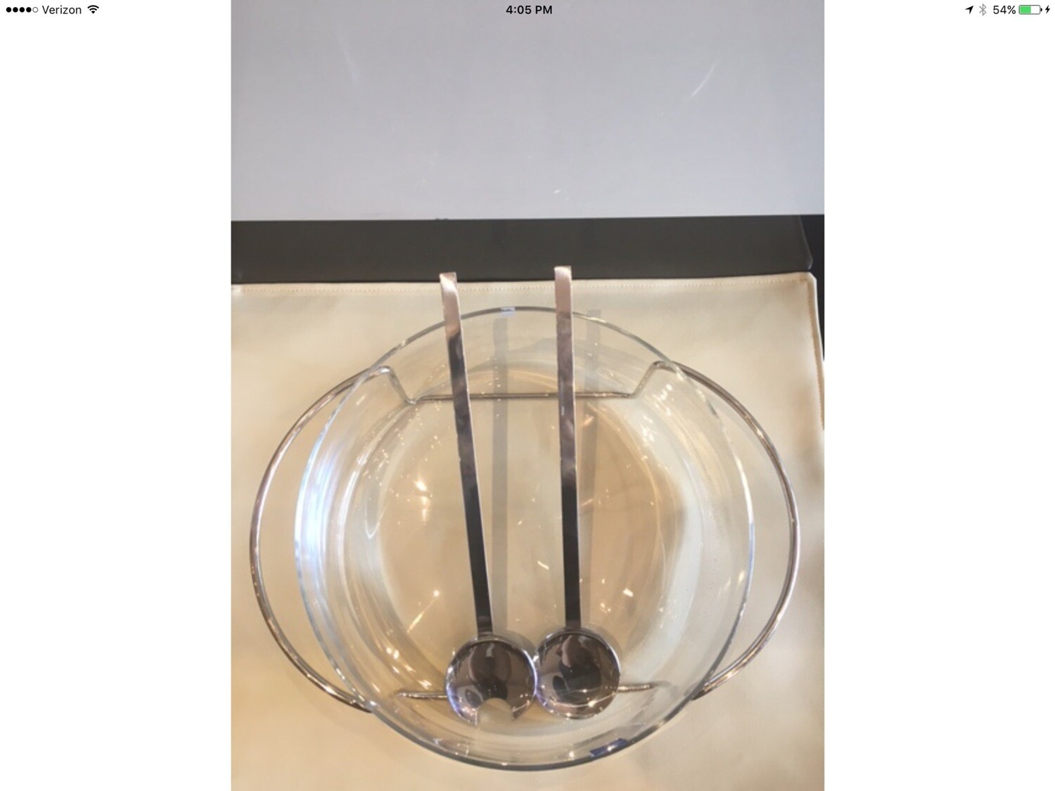Glass Salad Bowl With Stainless Servers