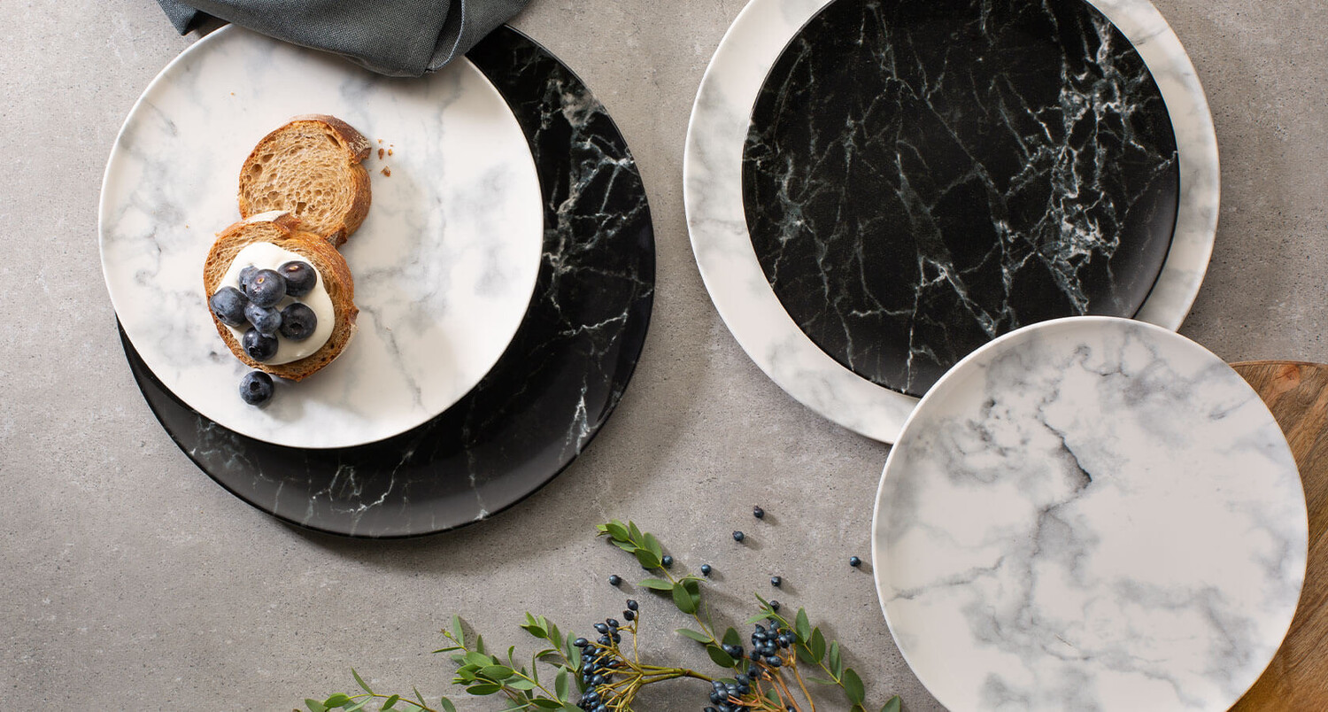 Villeroy Marmory 12 White Dinner, 12 Black Salad, 12 New Cottage White Bowls Needs 12 PURCHASED Needs 0