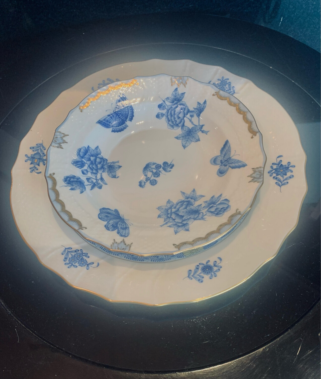Herend Chinese Bouquet Blue Service/ Blue Fortunate Dessert / Princess Victoria Lt Blue Rim Soup NEEDS 12