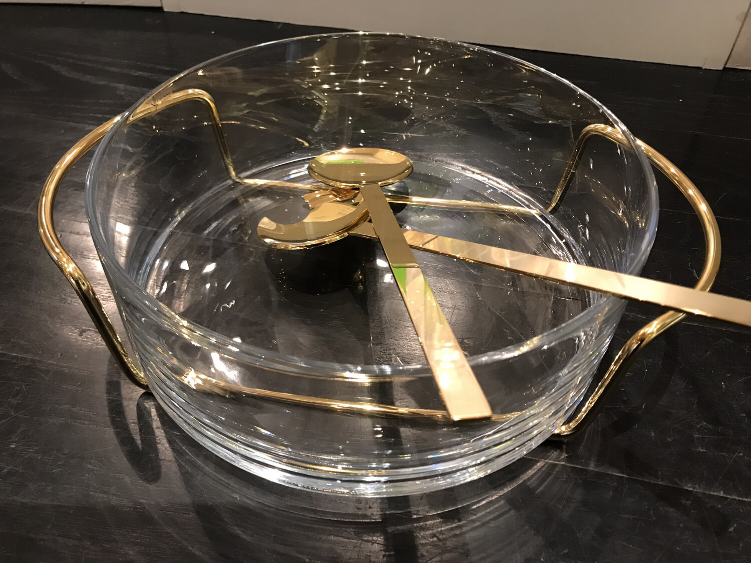 Gold And Glass Salad Bowl With Tongs Purchased