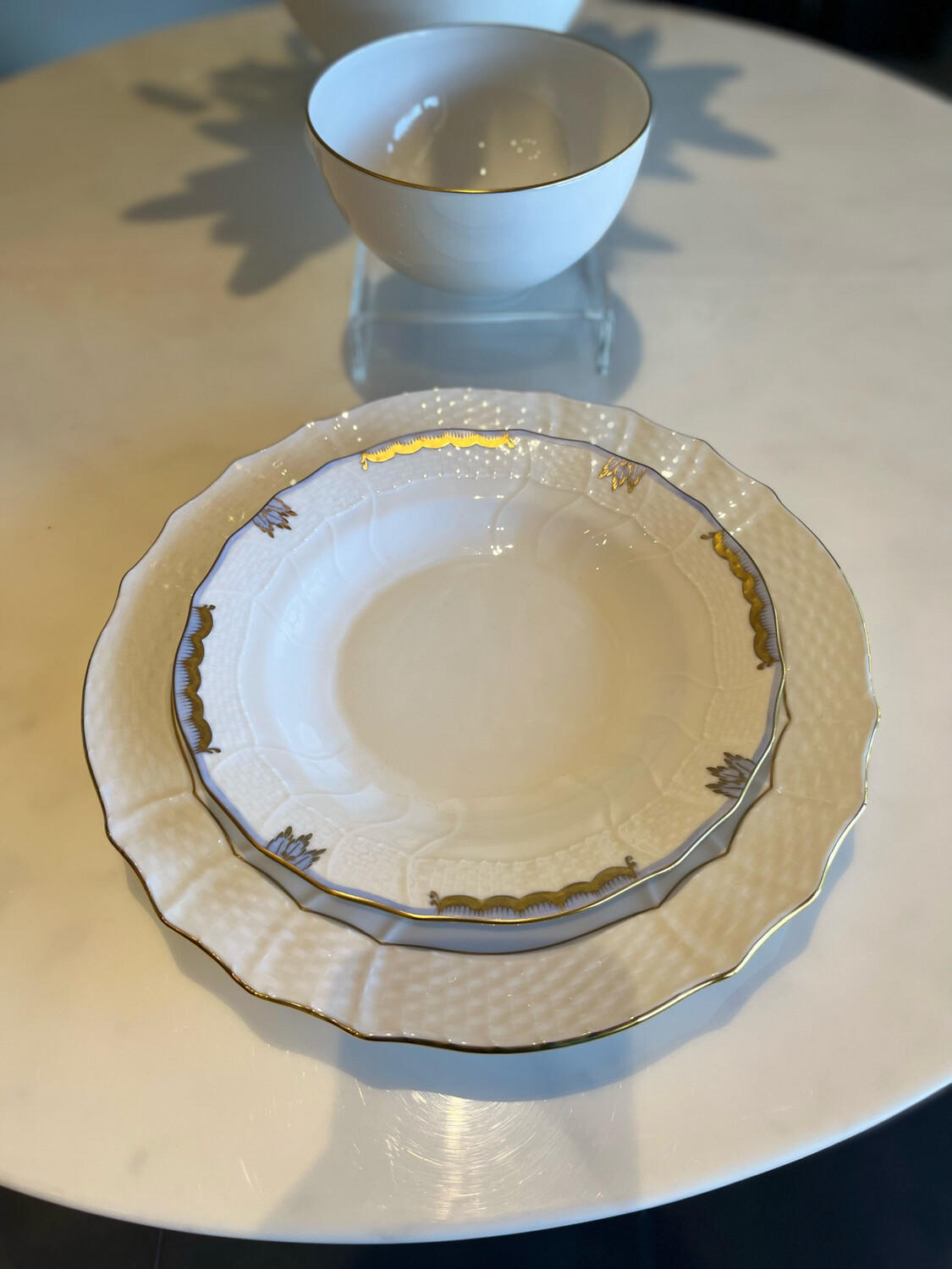Herend Golden Edge  - Service, Round Soup, Princess Victoria Light Blue Dessert Plates Needs 12 1 Purchased Needs 11