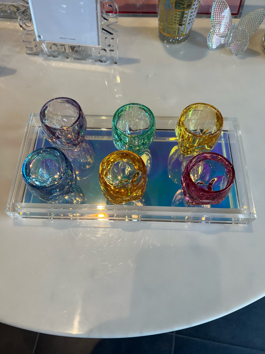 Colored Shot Glasses On Irridescent JR Williams Tray Purchased