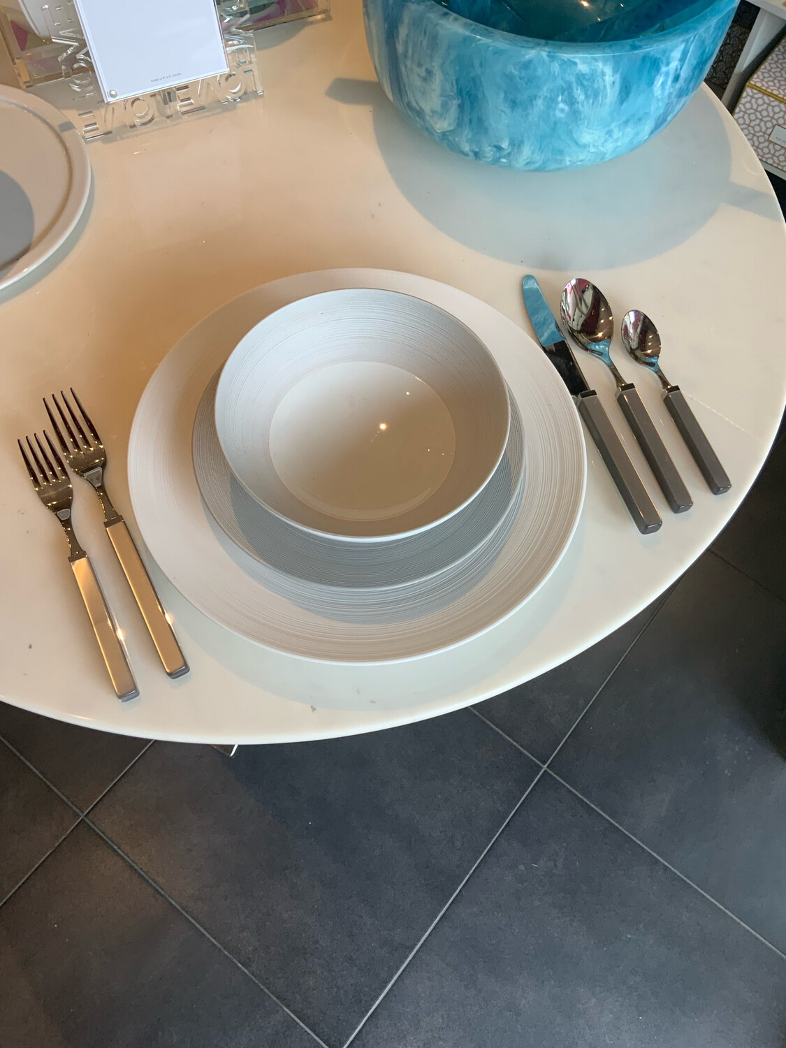 JL COQUET HEMISPHERE 14 White 29 Cm service Plates, 14 Grey Large Center Desserts (Salad) 14/Grey Small Soup Bowl Needs 14