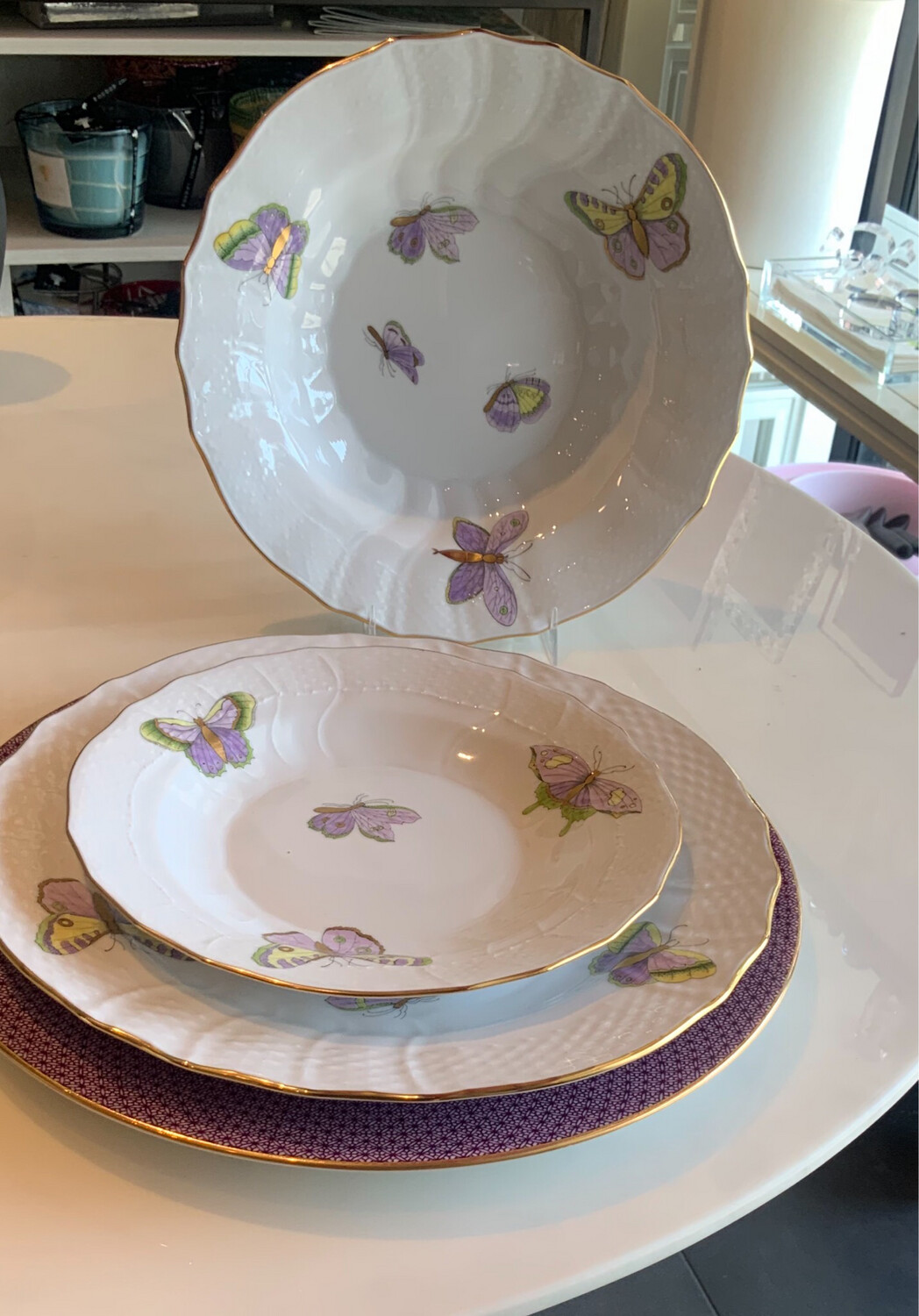 Herend Royal Garden Dinnerware 12 BUTTERFLY Dinner, Salad And Large Rim Soup 4 Purchased Needs 8
