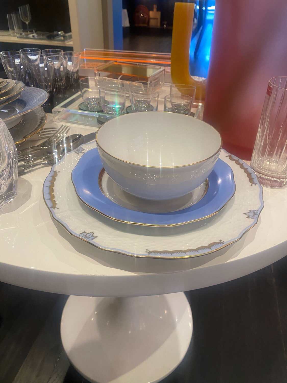 Herend Princess Victoria Light Blue Service, Silk Ribbon Dessert, And Golden Edge Small Round Bowl Needs 14