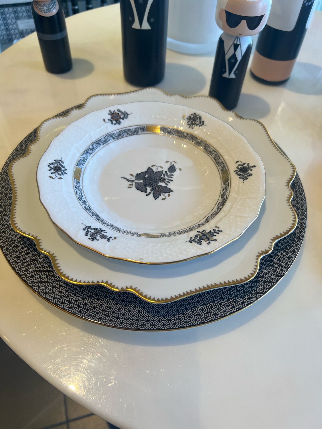 Mottahedeh Black Lace Charger, Simply Anna Antique Gold Dinner, Herend -Chinese Bouquet Black Dessert , Herend Chinese Bouquet Black Scalloped Dinner Bowl 16 Purchased