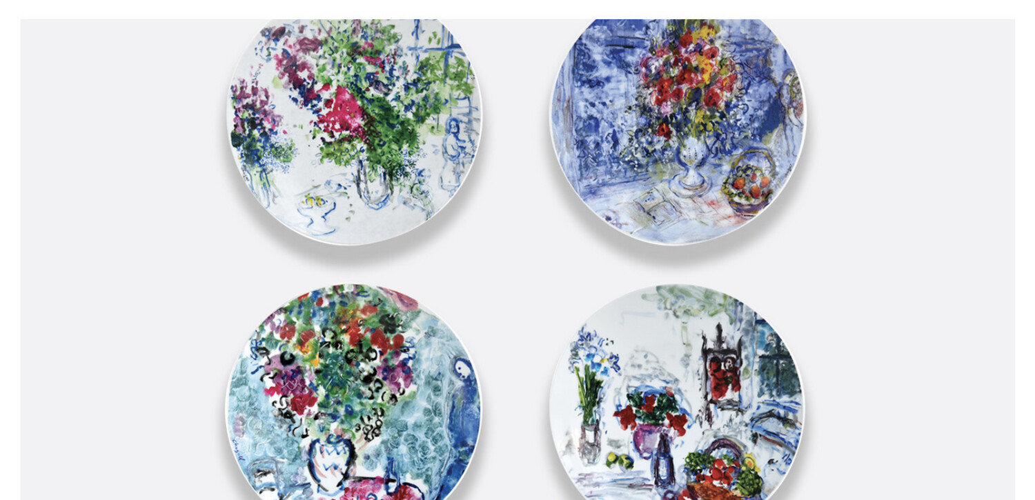 Bernardaud LES BOUQUETS DE FLEURS DE MARC CHAGALL Set Of Four Dessert Plates