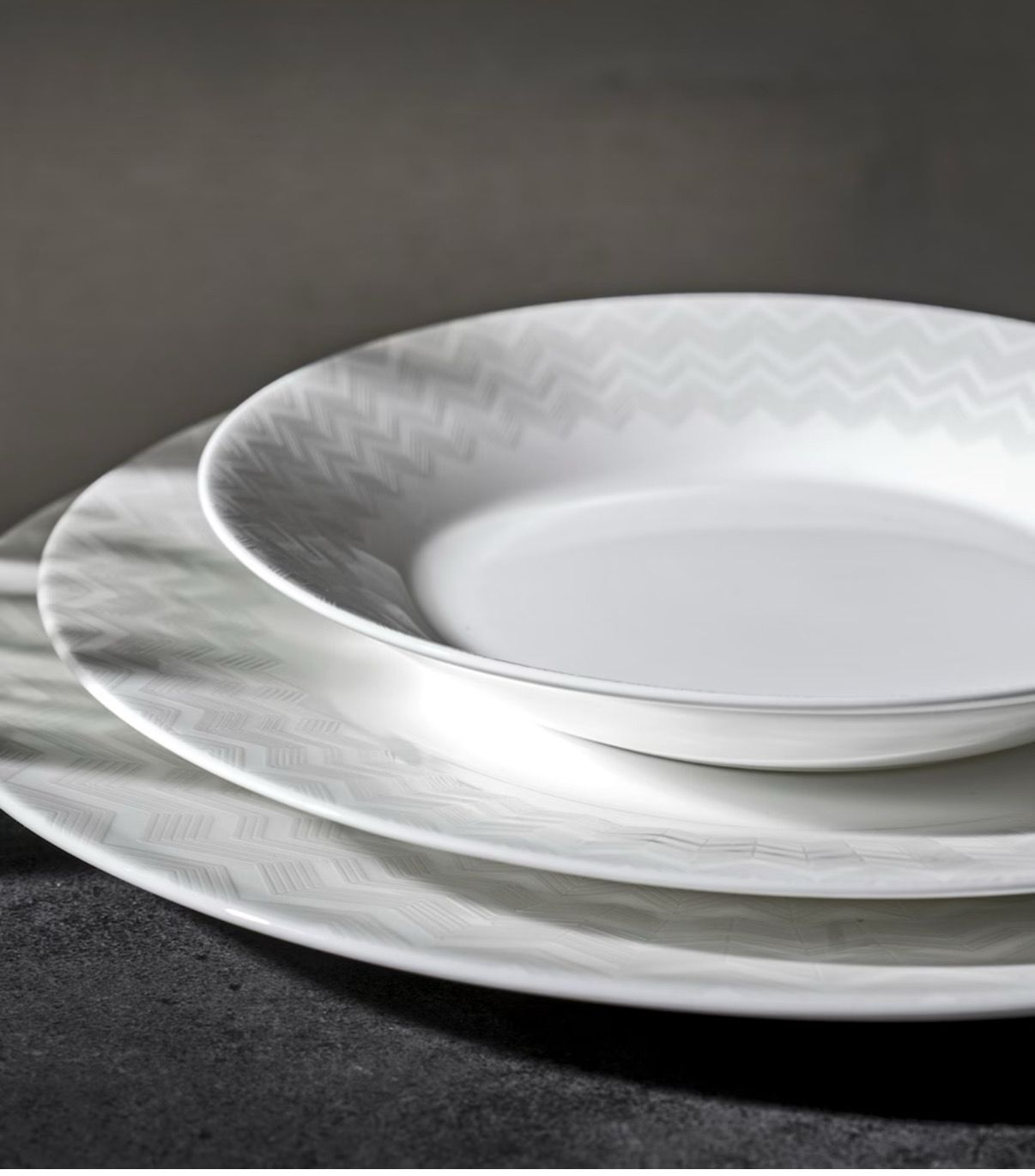 Missoni ZigZag White Dinner/ Salad/ Soup-Cereal Needs 12