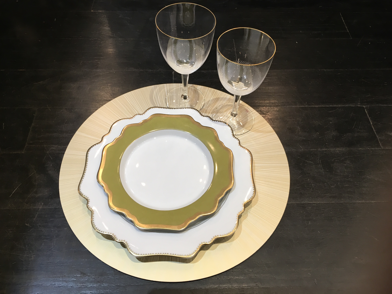 Anna Weatherley- Antique White and Gold Dinners, Antique White and Gold Bread and Butter  Green Annas Palette Soup Plates , Green Annas Palette Salad Plates $227 per 4 pc