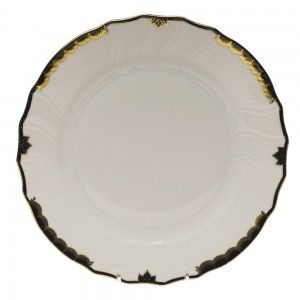 Herend Dinnerware-Black Princess Victoria Service, Fortuna Dessert Plate And Golden Edge Round Soup Bowl