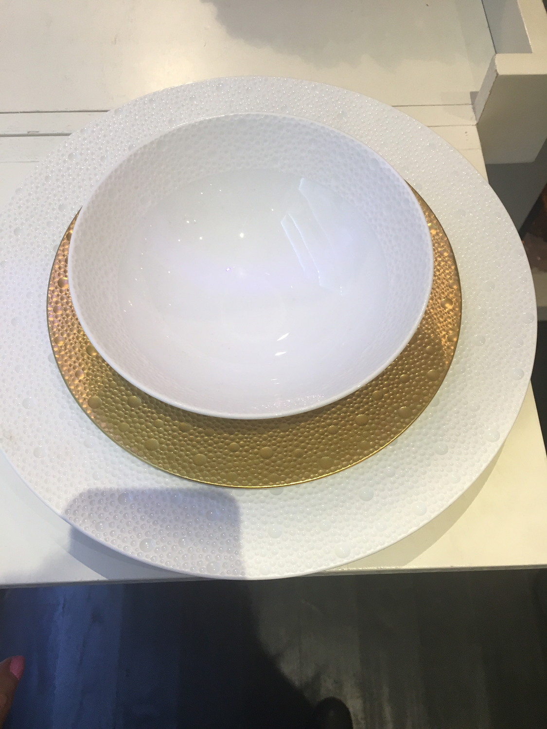 Bernardaud 3 Pc 14 place settings Bernardaud Ecume Dinnerware (white charger, gold salad, white soup/cereal) 8 SOLD