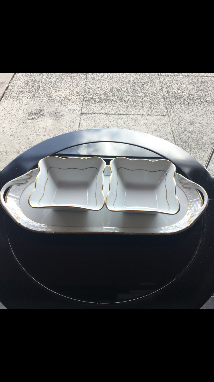 Herend Golden Edge Tray with 2 Dip Bowls