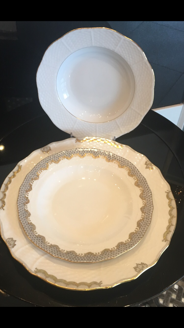 Herend Grey Princess Victoria/Fishscale/Golden Edge Dinnerware 12-3 Pc Place Settings- Service, Dessert, Rim Soup